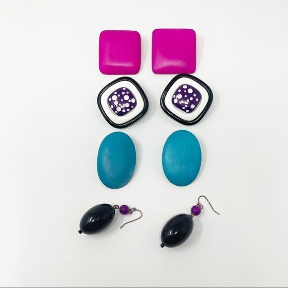 No Brand Jewelry - Vintage Costume Jewelry Wood Pink Teal Plastic Black Purple Lot of Earrings